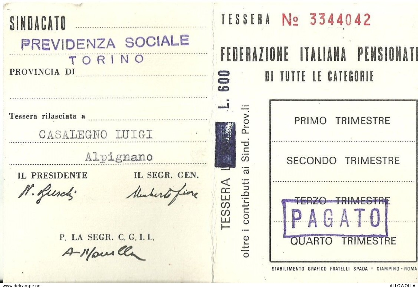 1774 " TESSERA SINDACATO CGIL - 1967" DOCUMENTO ORIG. - Altri & Non Classificati