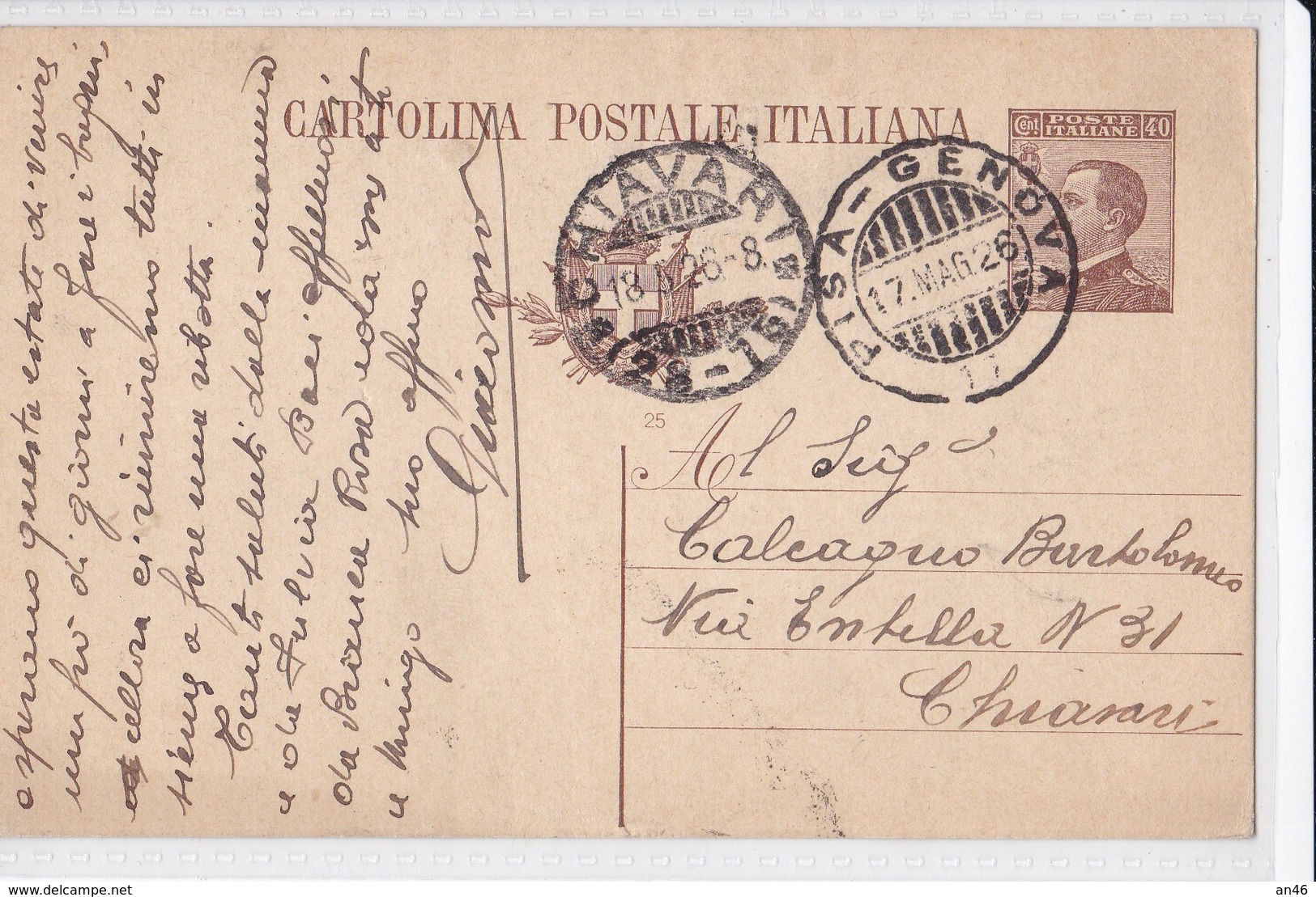 CARTOLINA POSTALE  VG PER CHIAVARI AUTENTICA 100% - Posta