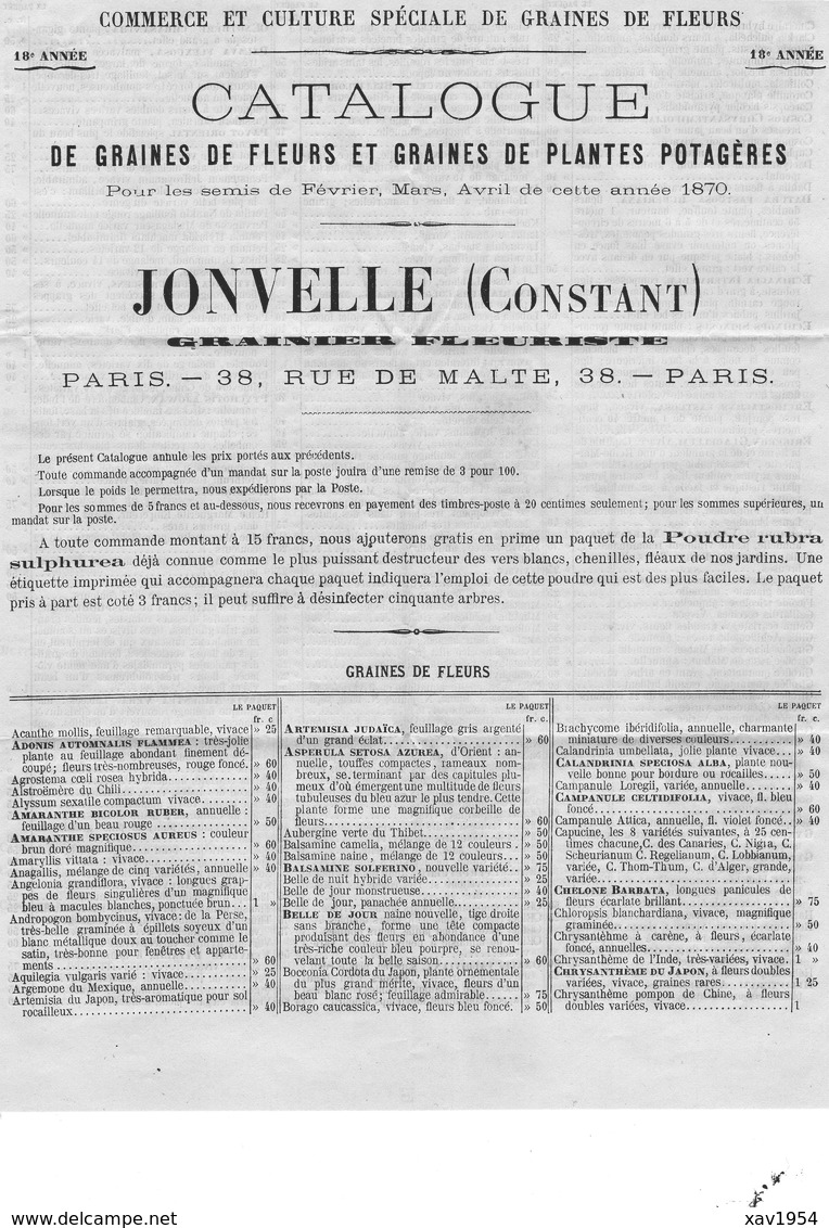 CATALOGUE DE GRAINES DE FLEURS & PLANTES POTAGERES VENDUES A PARIS EN 1870 - Agricoltura