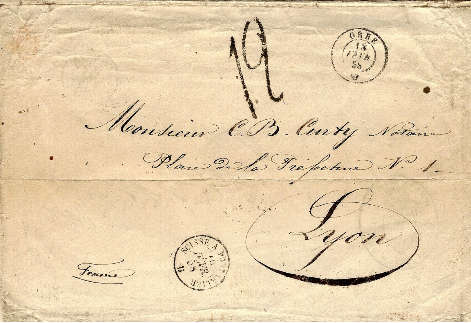 1858- Lettre D' Orbe Pour Lyon- TAXE  12 D  Tampon - Entrée Amb. Suisse à Pontarlier Noir - 1849-1876: Classic Period