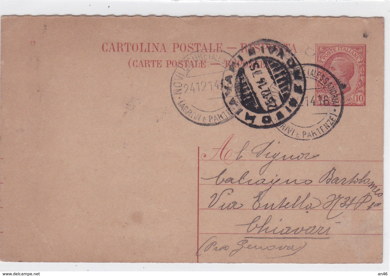 CARTOLINA POSTALE  VG PER CHIAVARI AUTENTICA 100% - Posta