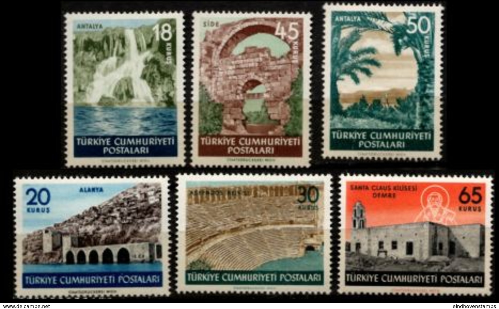 Turkey 1955 Tourisme - Antalya - 6 Values MNH - Waterfall, Selcuk Wharfs, Aspendos Theatre, St Nicolaus Church Myra, - Otros & Sin Clasificación