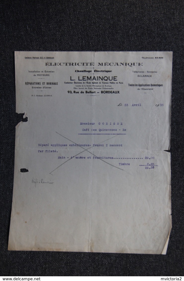 Facture Ancienne - BORDEAUX, L.LEMAINQUE - Electricité Mécanique. - 1900 – 1949