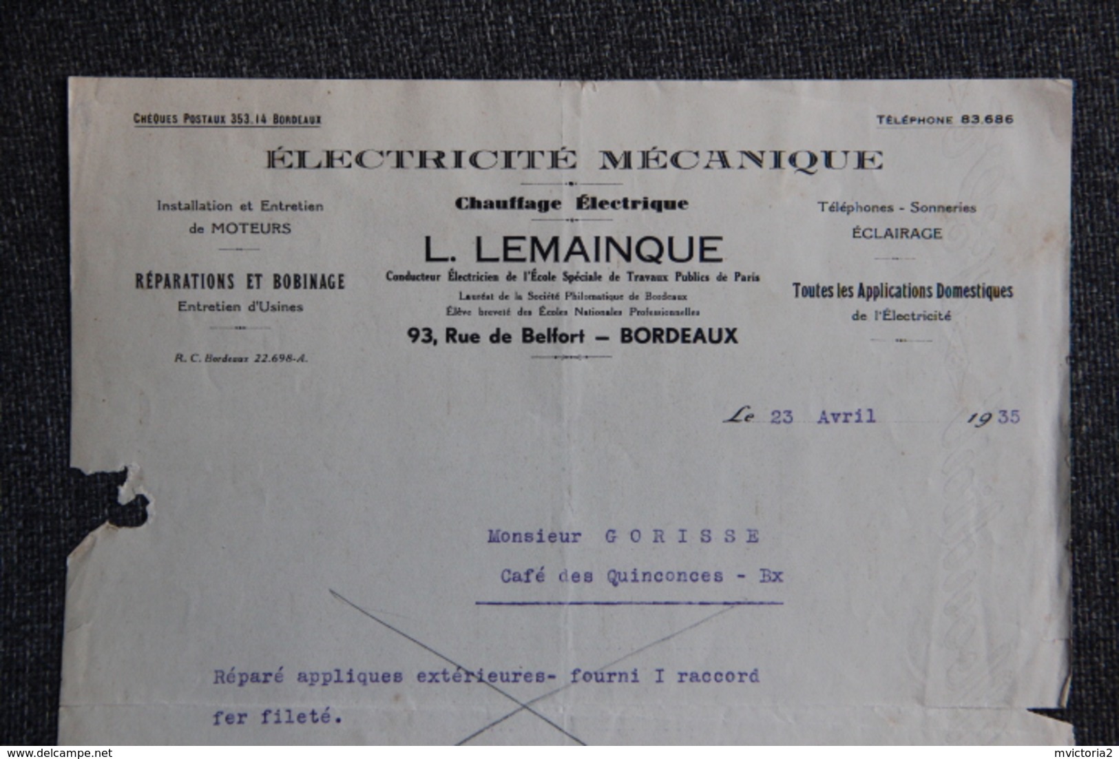 Facture Ancienne - BORDEAUX, L.LEMAINQUE - Electricité Mécanique. - 1900 – 1949