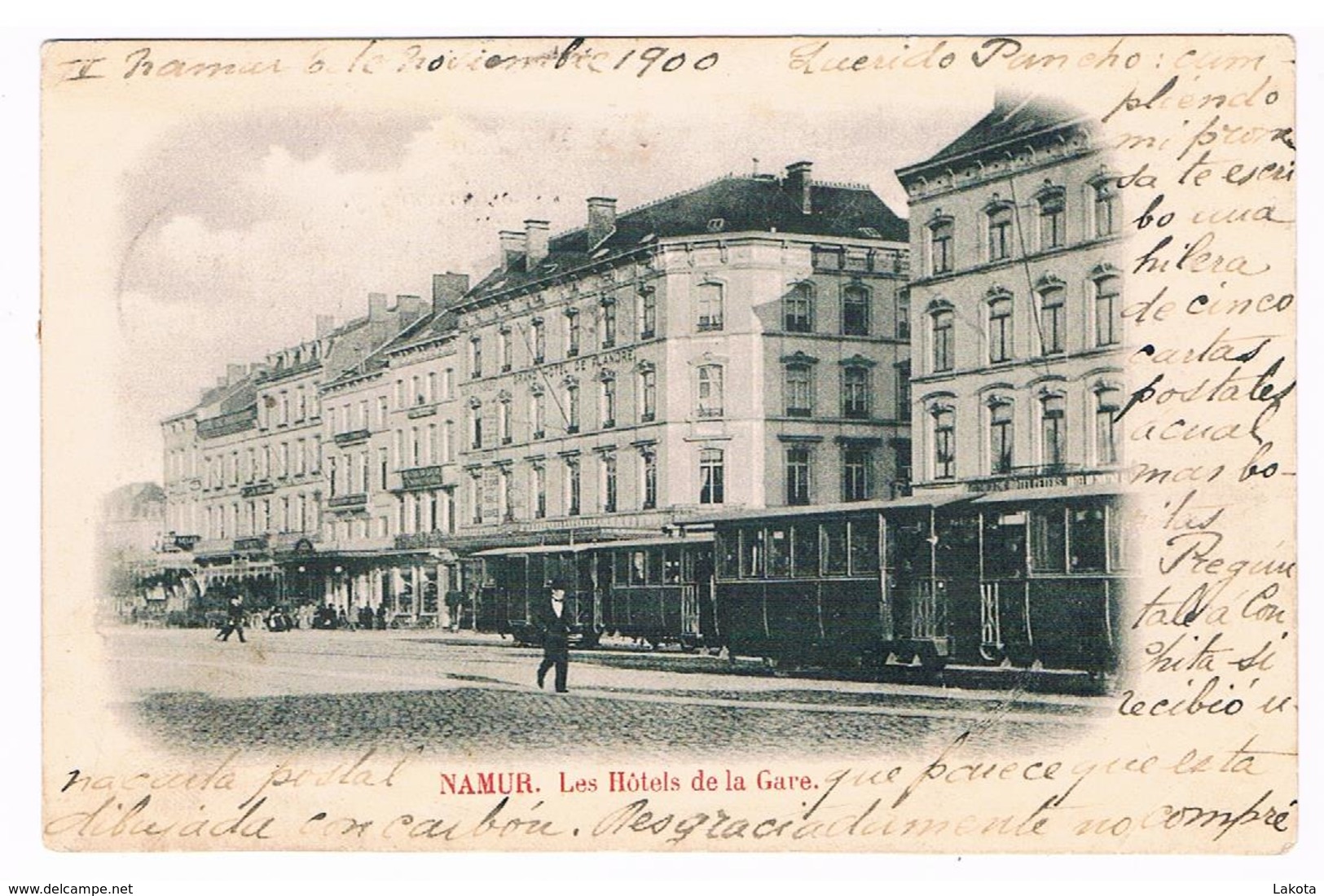 CPA Dos Non Divisé : NAMUR - Les Hôtels De La Gare - Tramway  - 1900 - Namur