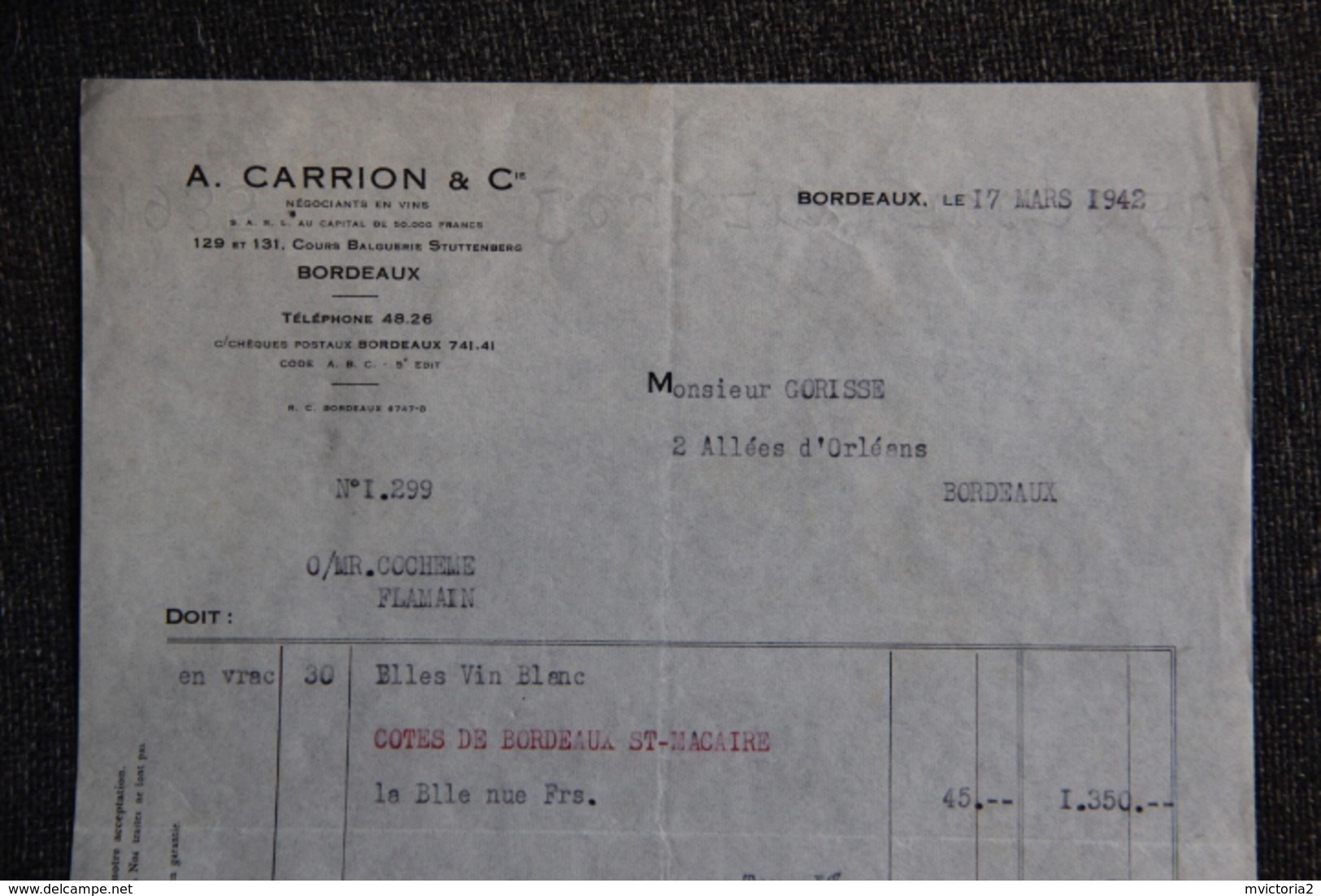 Facture Ancienne - BORDEAUX, A.CARRION Et Cie, Négociant En Vins. - 1900 – 1949