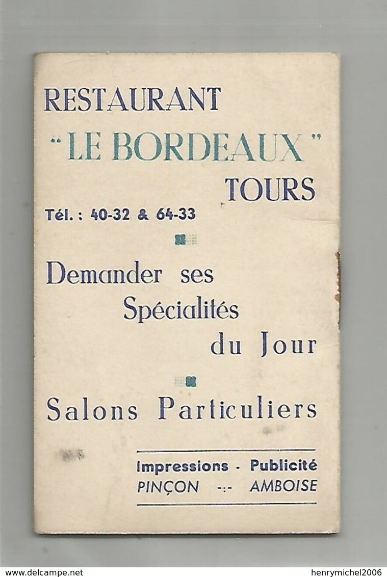 Pub Publicité Tours 37 Indre Et Loire Hotel De Bordeaux Dépliant Plan Avec Adresse Commerce Format Plié 6x9,5 Cm - Dépliants Touristiques