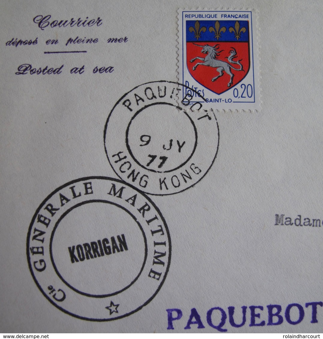 A203 - ✉️ POSTE MARITIME - PAQUEBOT " KORRIGAN " CàD De HONG KONG De 1977 - COURRIER POSTE EN PLEINE MER - Poste Maritime