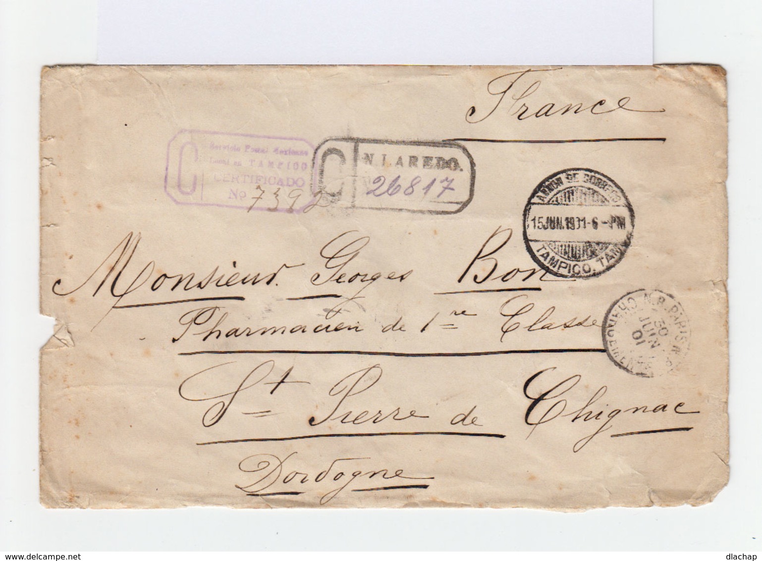 Sur Enveloppe Certificado Bloc De 6 Timbres 5 C. Bleus. CAD Tampico 1901.Cahet D'entrée Paris Chargement. (797) - Mexique