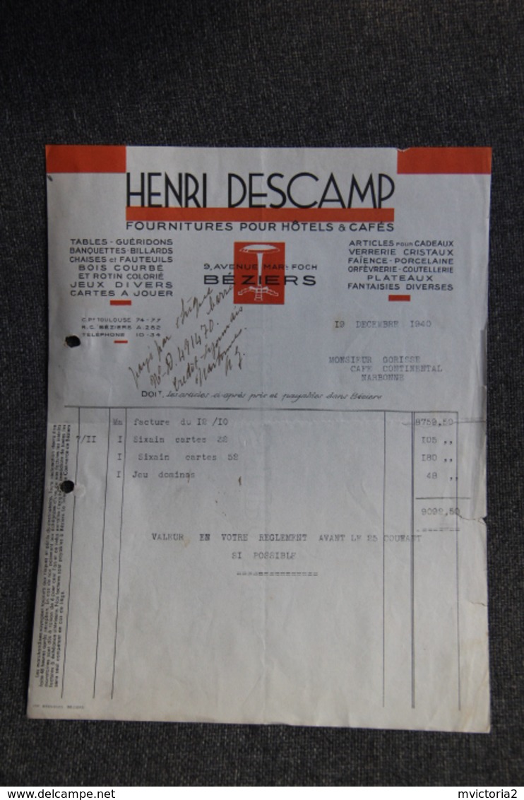 Facture Ancienne - BEZIERS - Henri DESCAMP, Fourniture Pour Hôtels Et Cafés. - 1900 – 1949