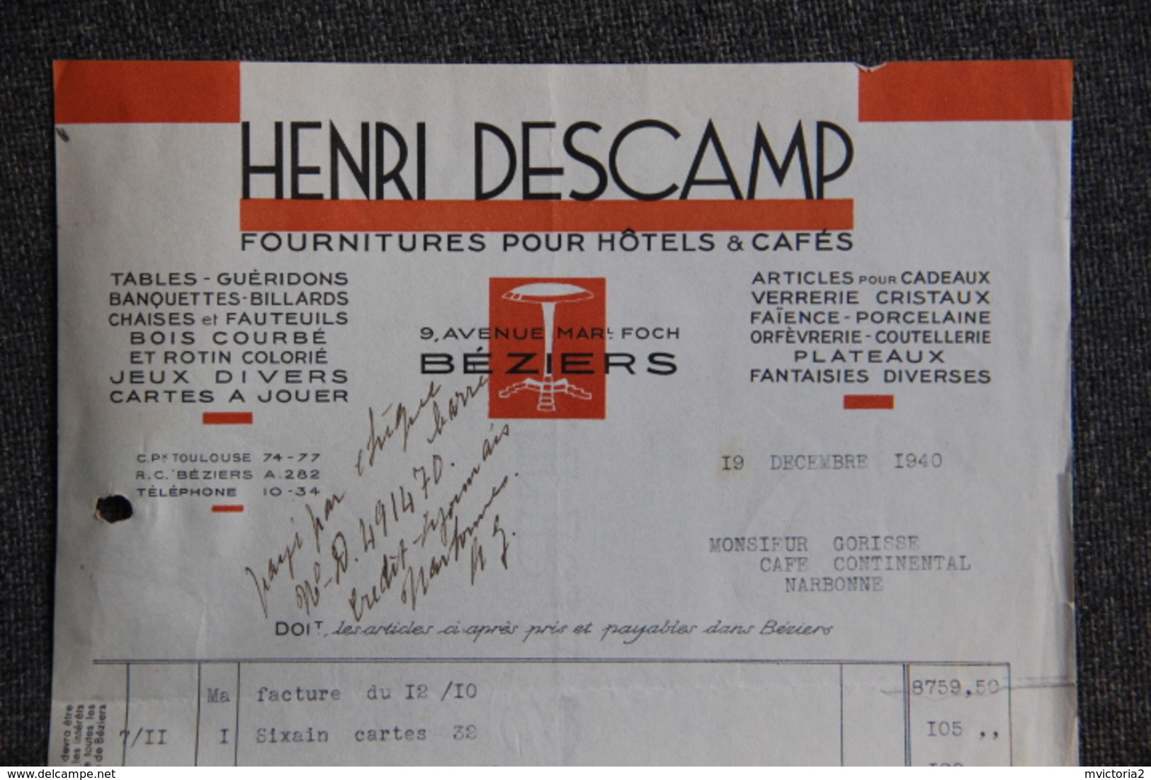 Facture Ancienne - BEZIERS - Henri DESCAMP, Fourniture Pour Hôtels Et Cafés. - 1900 – 1949
