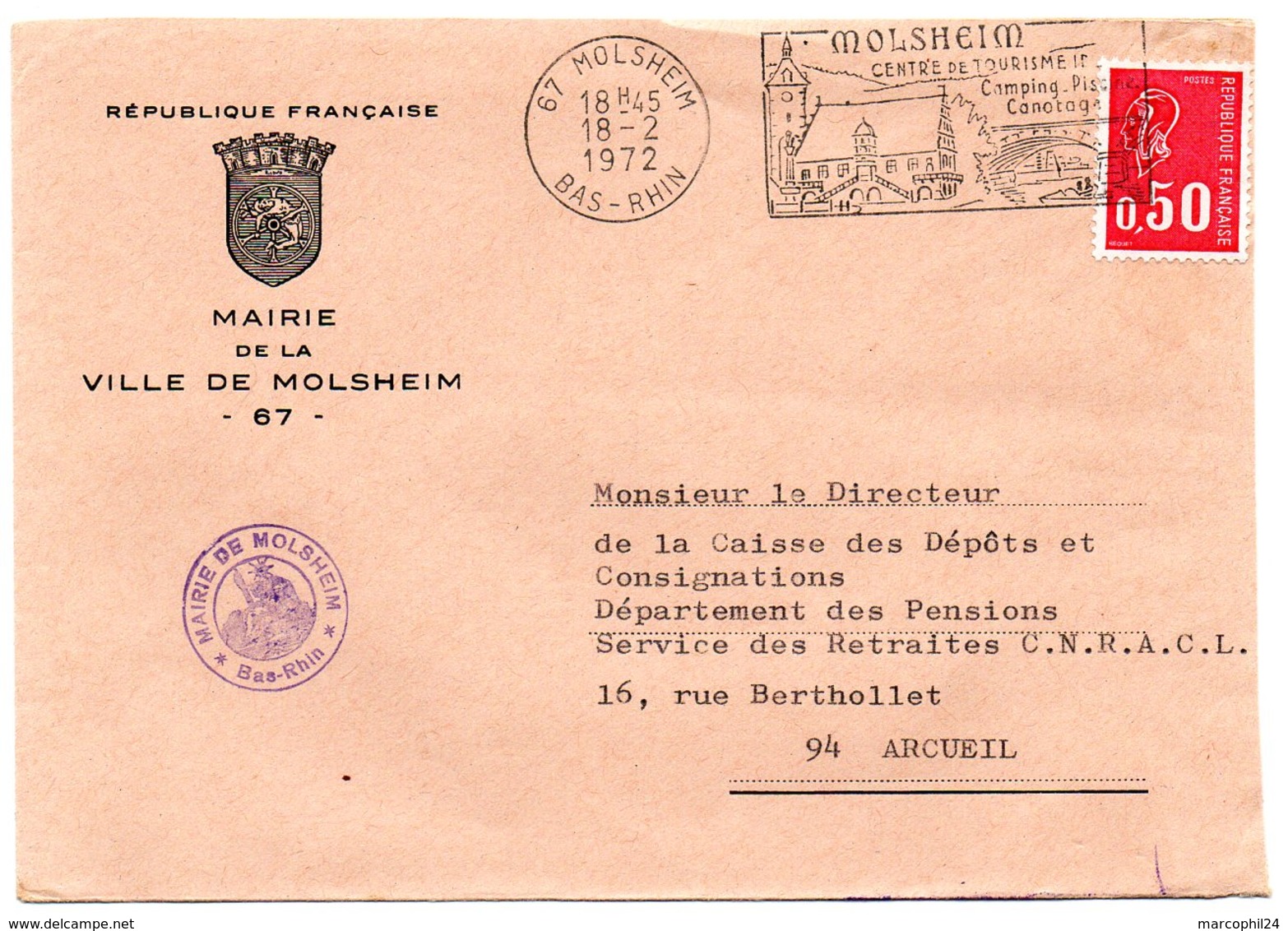 RHIN / Bas - Dépt N° 67 = MOLSHEIM 1972 = FLAMME à Droite = SECAP Illustrée ' CENTRE De TOURISME IDEAL ' + MAIRIE - Mechanical Postmarks (Advertisement)
