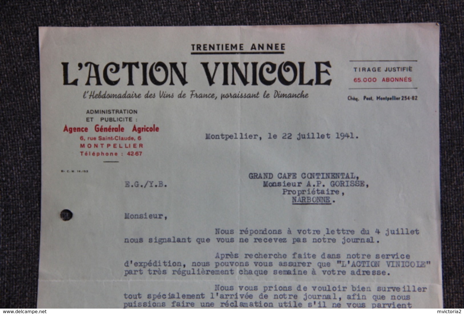 Facture Ancienne - MONTPELLIER : Journal " L'ACTION VINICOLE ". - 1900 – 1949
