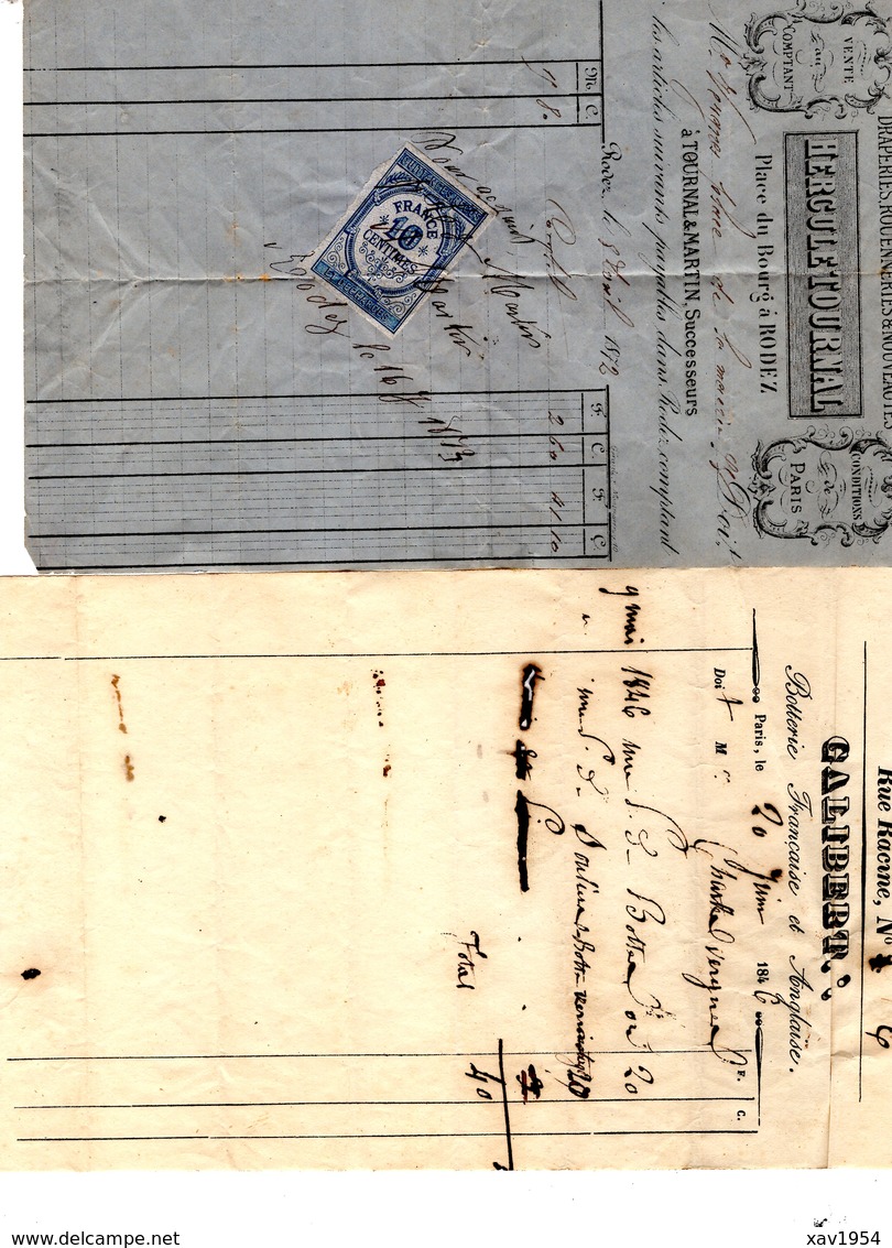 2 FACTURES Du Drapier HERCULE TOURNAL à Rodez & Du Bottier GALIBERT à PARIS émises En 1846& 1872 - Textile & Vestimentaire