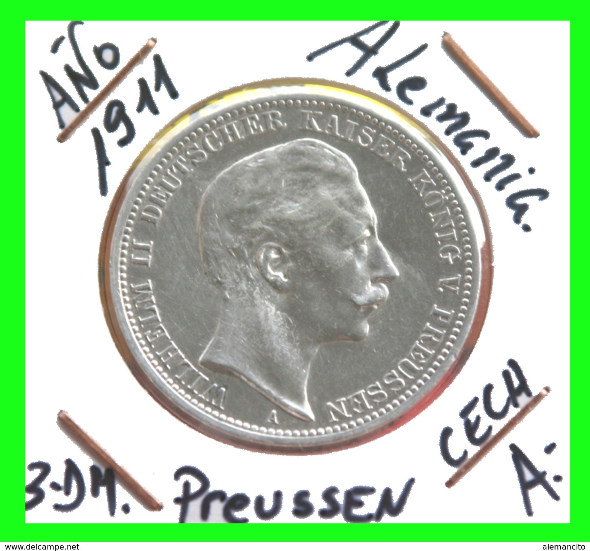 PREUSSEN - WILHELM II DEUTSCHER KAISERKÖNIG VON PREUSSEN 3 DM AÑO 1909 – CECA-A - 2, 3 & 5 Mark Argent