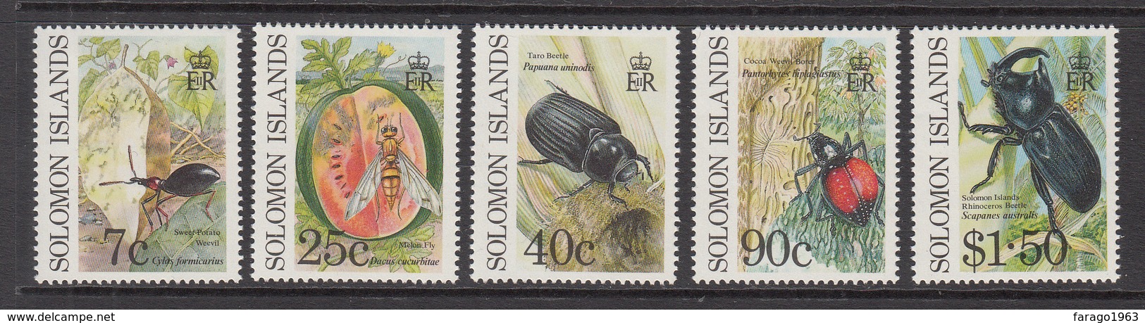 1990 Solomon Islands  Crop Pests Weevil, Fly, Beetles Set Of 5 MNH - Salomon (Iles 1978-...)
