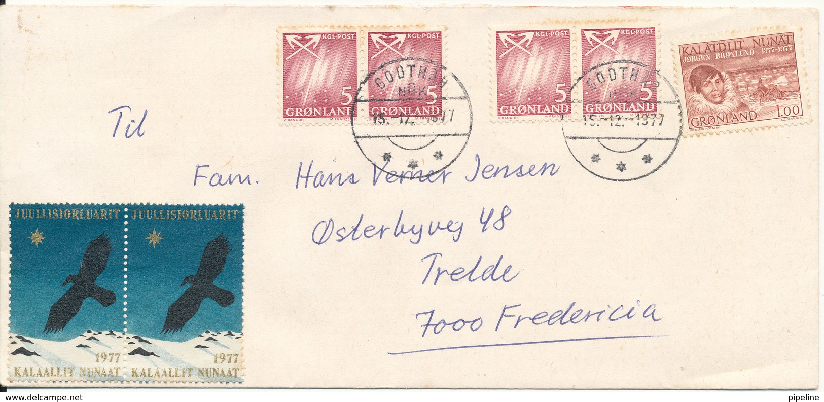 Greenland Cover Sent To Denmark Godthaab 15-12-1977 With Stamps And 2 Christmas Seals - Covers & Documents