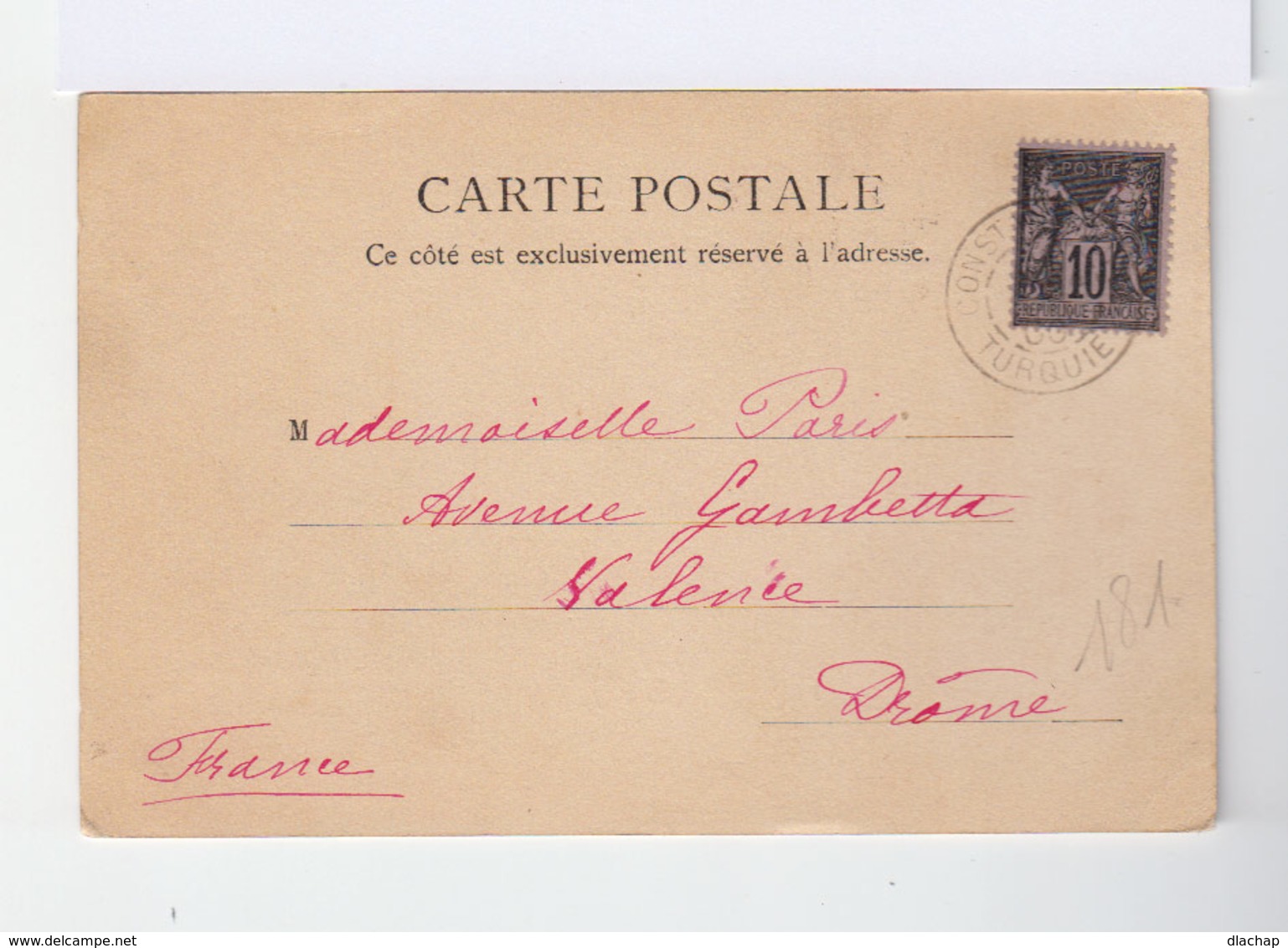 Sur Carte Postale De Turquie Vers Valence Type Sage 10 C. Noir S. Lilas. CAD Constantinople 1900. (806) - Lettres & Documents