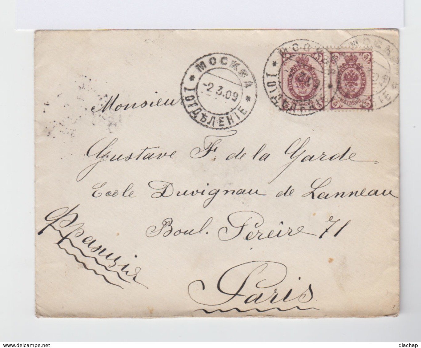 Enveloppe Moscou Vers Paris. Timbres Empire Russe Armoiries Paire De 5 K Lilas CAD Mockba 1909. (804) - Machines à Affranchir (EMA)