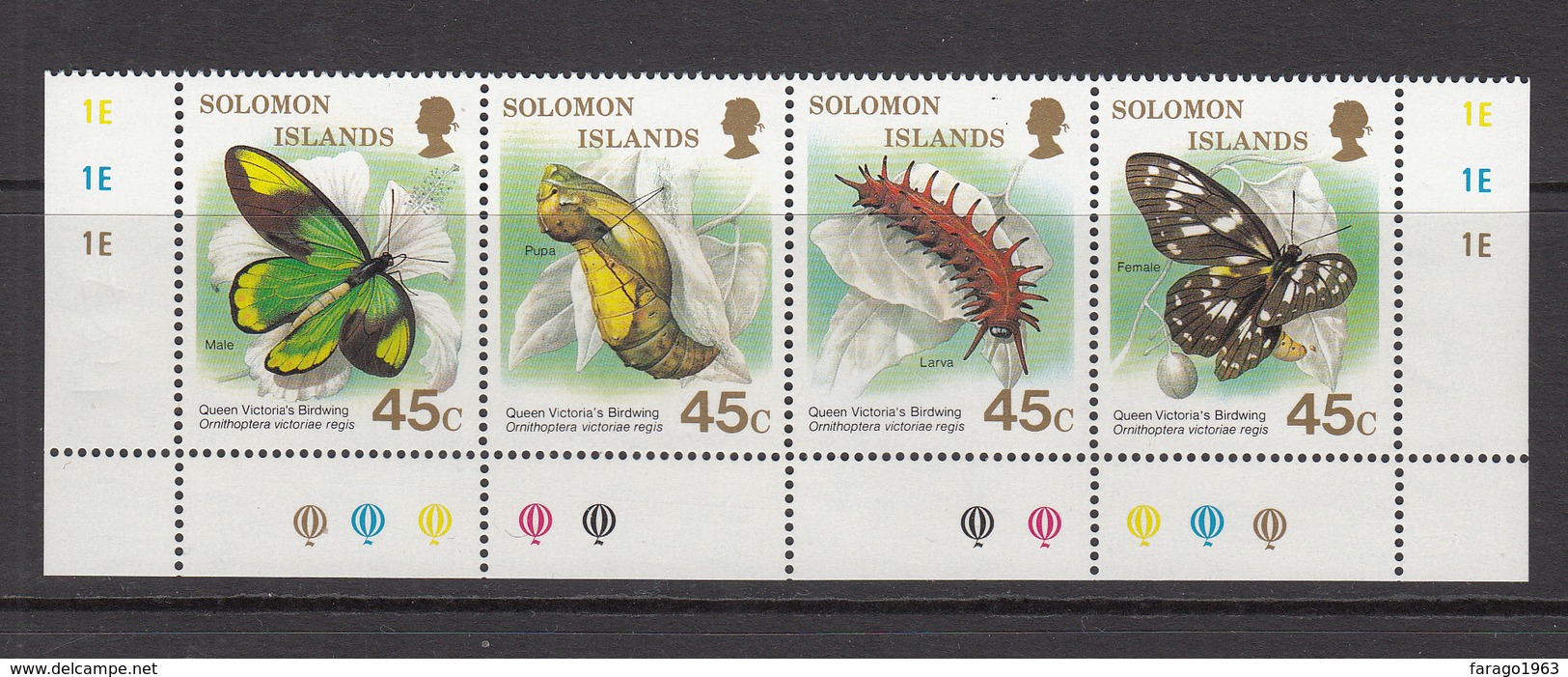 1987 Solomon Islands Queen Victoria’s Birdwing Butterfly Strip Of 4 MNH - Salomoninseln (Salomonen 1978-...)