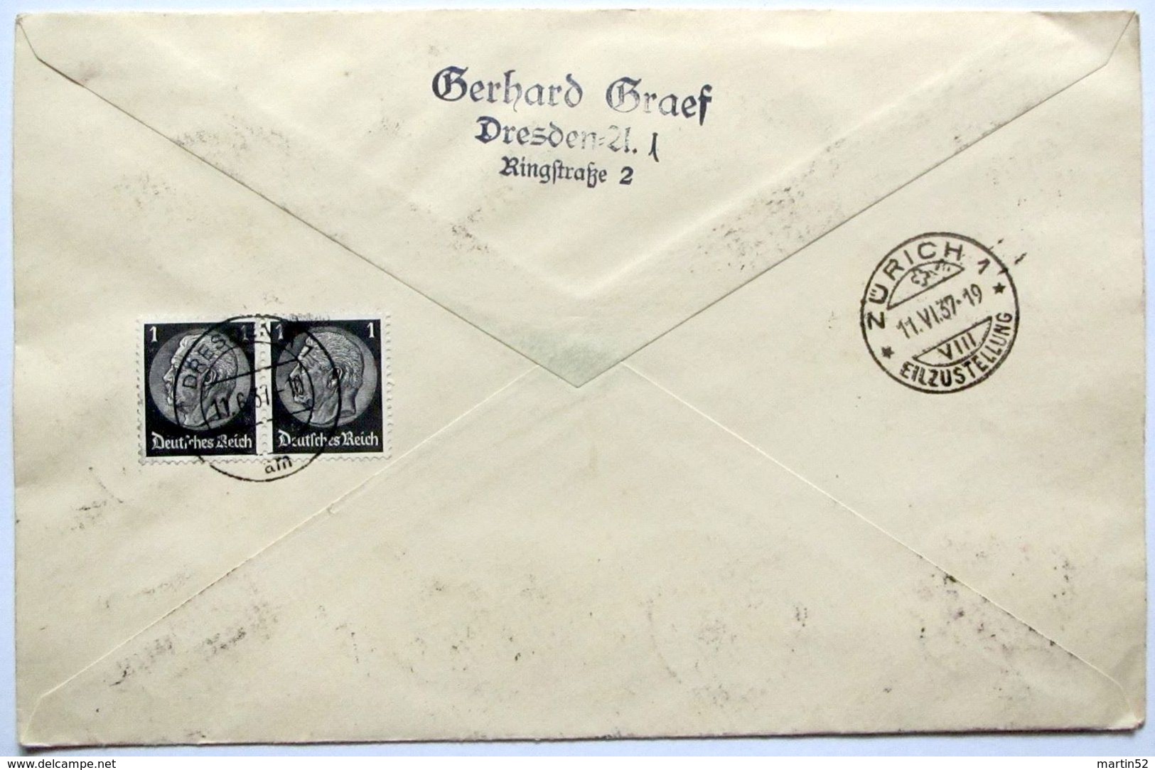 Deutsches Reich 1937: Express R-Brief Mi 634-642 (WHW 1936 Mit 2 ZDR-Paaren) O DRESDEN 11.6.37 Nach Zürich (Schweiz) - Lettres & Documents