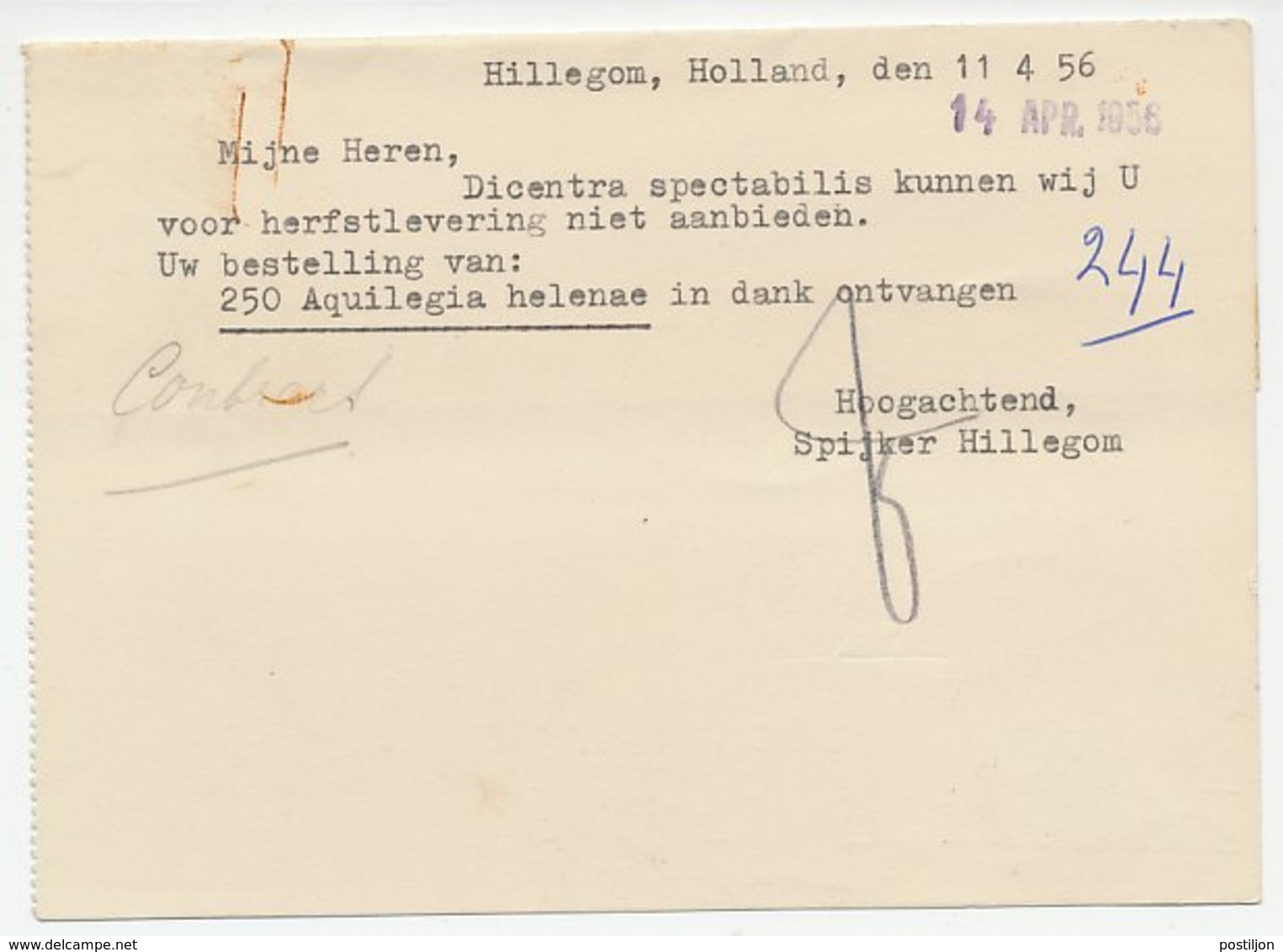 Firma Briefkaart Hillegom 1956 - Kwekerij - Non Classés