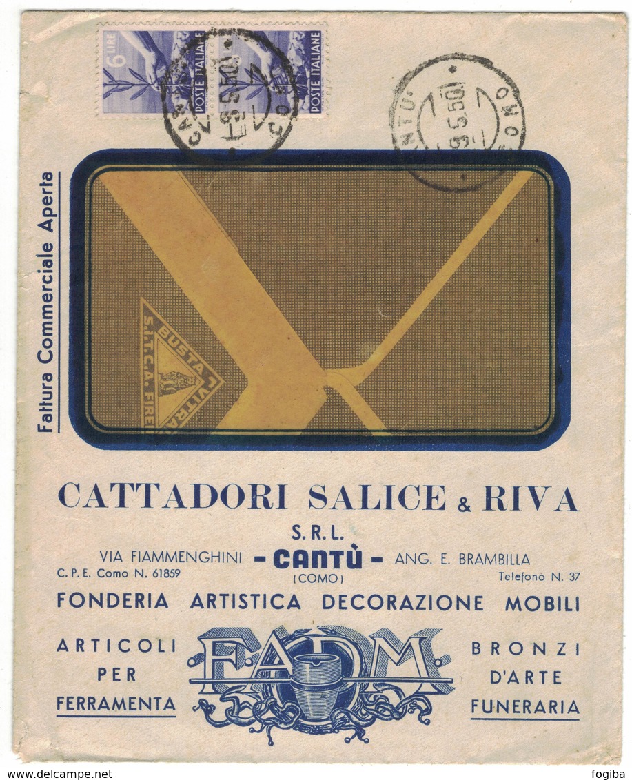 ZN66   Busta Pubblicitaria CATTADORI SALICE & RIVA - CANTU' - In Tariffa Fatt. Commerciale 1950 - 1946-60: Storia Postale