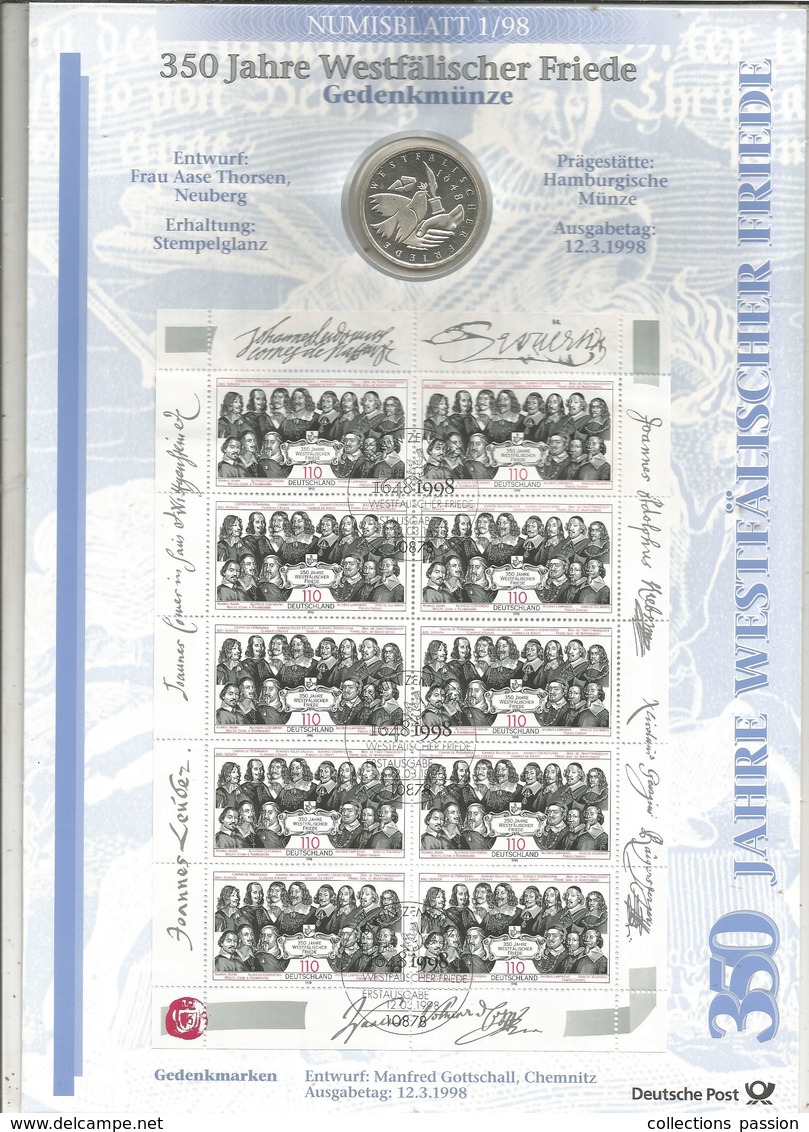 Monnaie, Allemagne, Commémorative, 10 Deutsche Mark + Bloc De 10 Timbres, 350 Jahre Westfälischer Friede, 1998, 2 Scans - Commémoratives