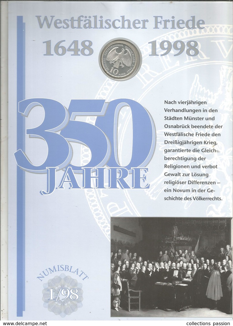 Monnaie, Allemagne, Commémorative, 10 Deutsche Mark + Bloc De 10 Timbres, 350 Jahre Westfälischer Friede, 1998, 2 Scans - Commémoratives