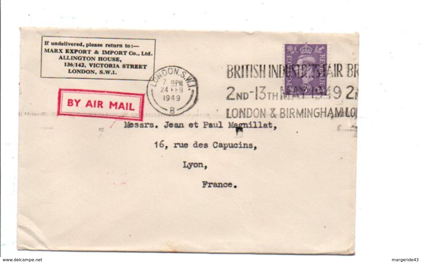 GB OBLITERATION MECANIQUE SUR LETTRE POUR LA FRANCE 1949 - Postmark Collection