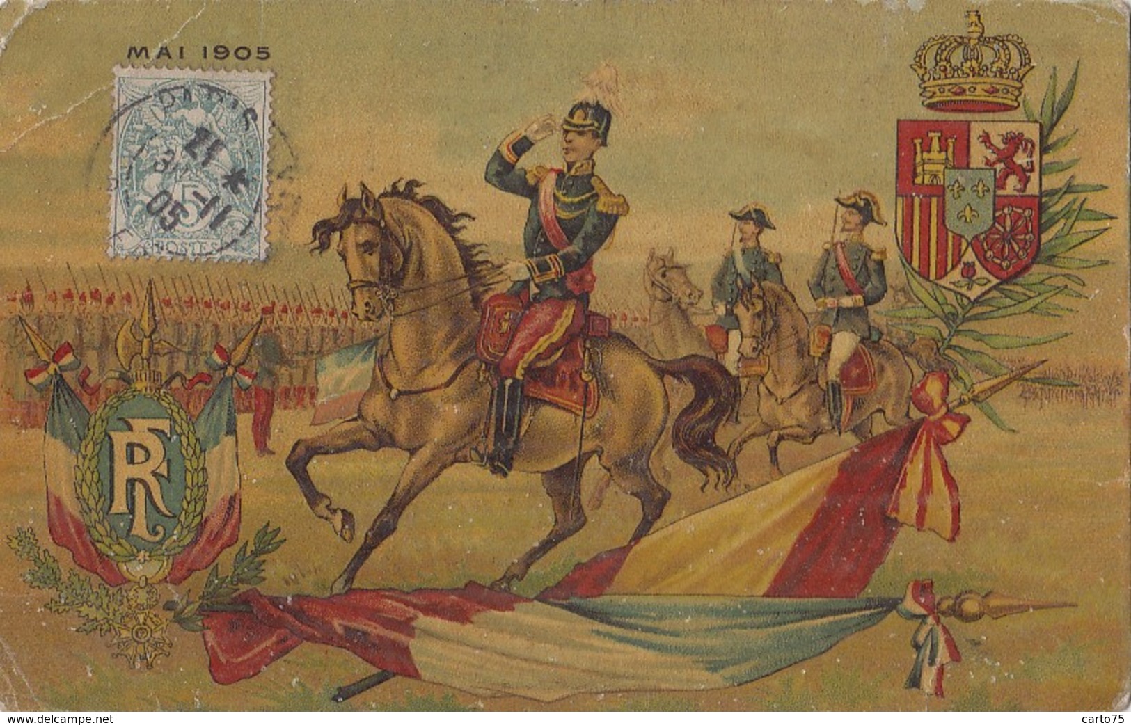Histoire - Visite Officielle Roi D'Espagne Mai 1905 - Militaria  - Blason Drapeau - Recepties
