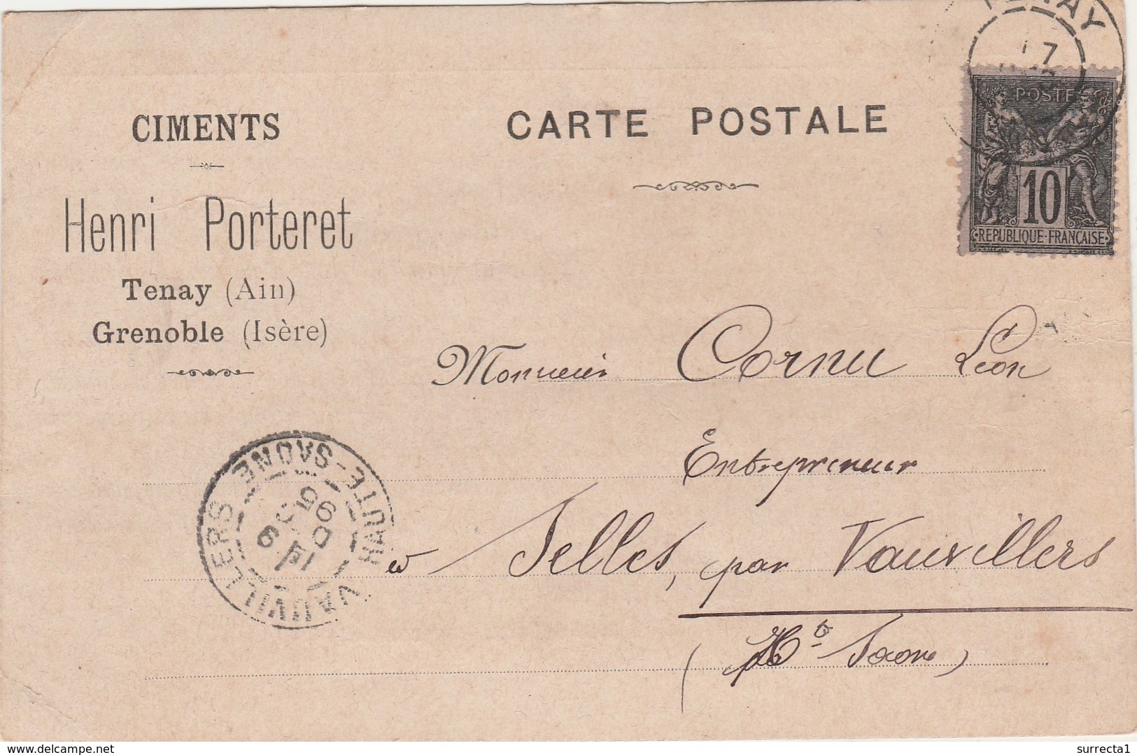 Carte Commerciale 1895 / Ciments Henri PORTERET / 01 Tenay / 38 Grenoble / Timbre Sage 103 - Other & Unclassified