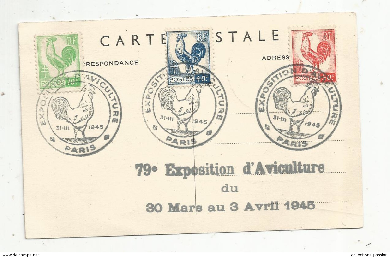 Carte Maximum, Exposition D'aviculture ,Paris ,1945 , 4 Timbres,militaria , D'aprés Paul Colin, Coq ,  2 Scans - 1940-1949