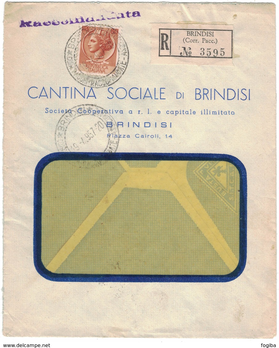 ZN69   Storia Postale 1960 Busta Pubblicitaria Cantina Sociale Brindisi - Racc. Siracusana £.80 Isolato - 1946-60: Storia Postale