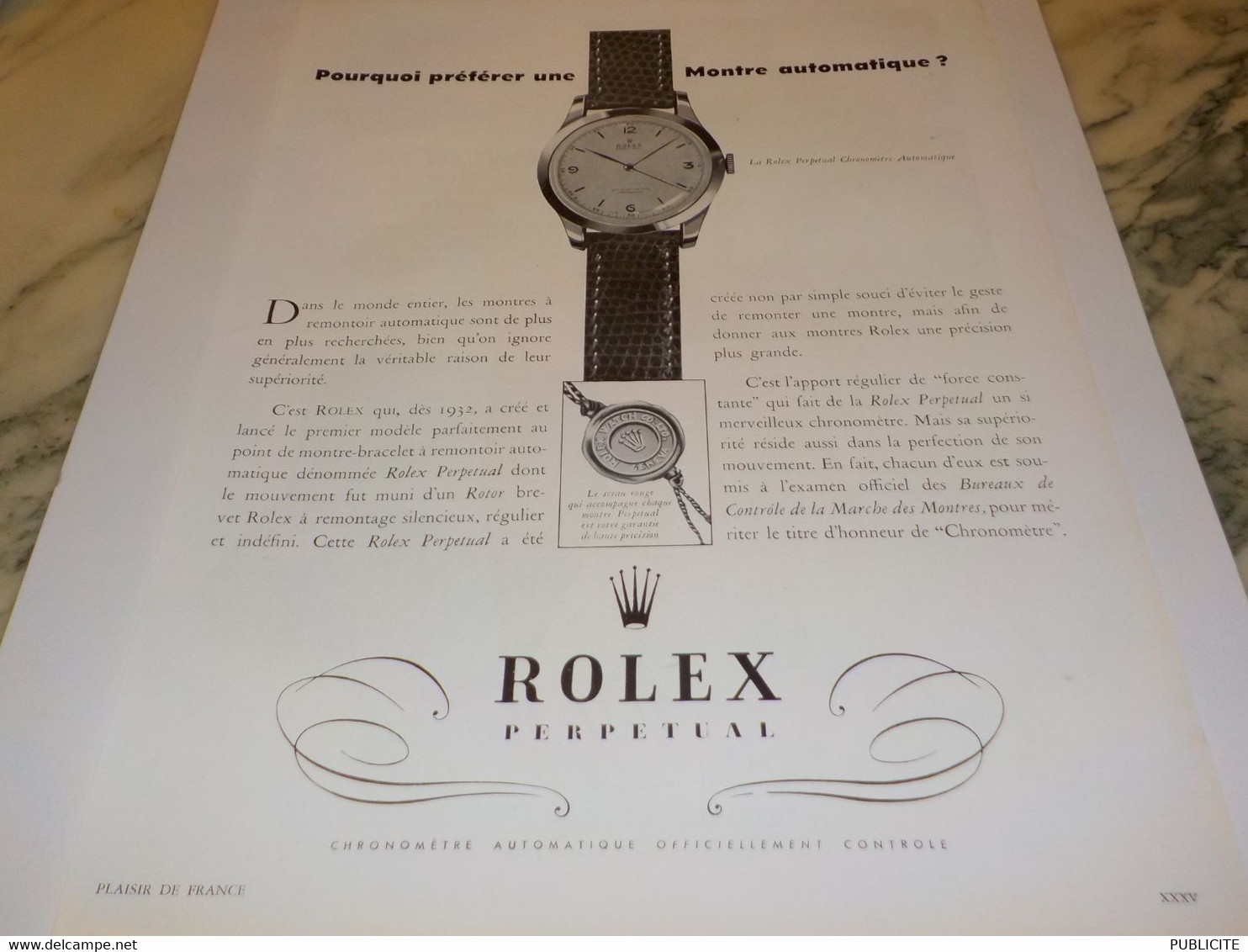 ANCIENNE PUBLICITE  MONTRE ROLEX PERPETUAL 1950 - Autres & Non Classés