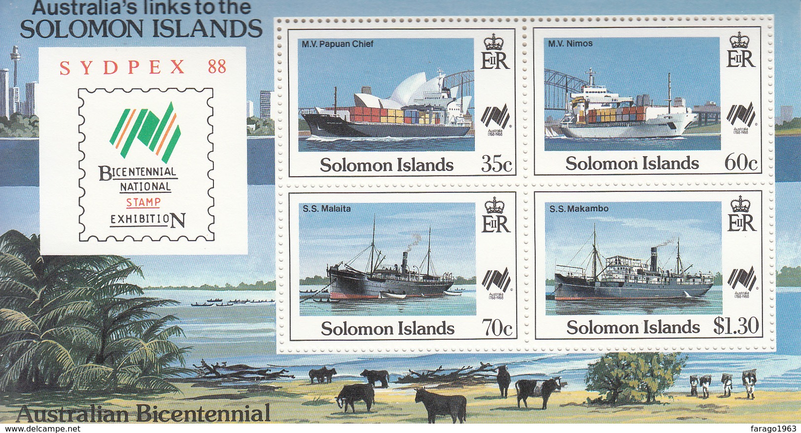 1988 Solomon Islands Australian Bicentennial Souvenir Sheet Of 4 Boats, Freighters MNH - Salomoninseln (Salomonen 1978-...)