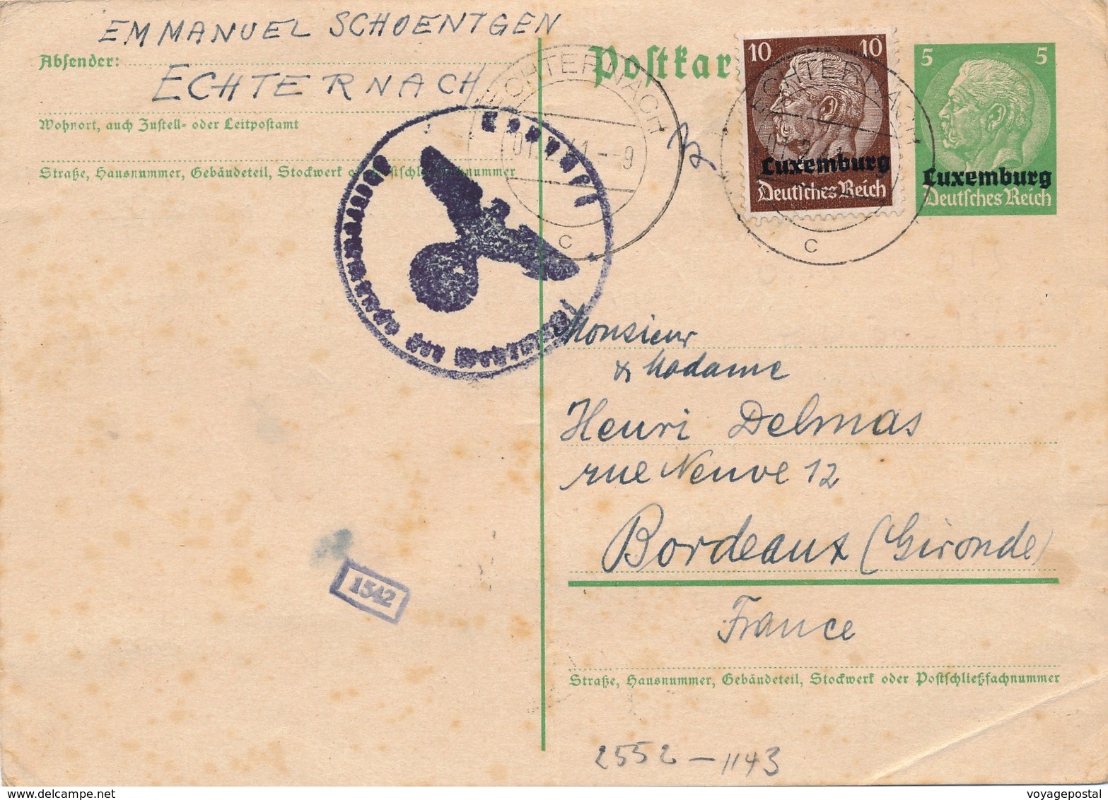 Entier Postal Echternach Luxemburg Surcharge Pour La France - 1940-1944 Duitse Bezetting