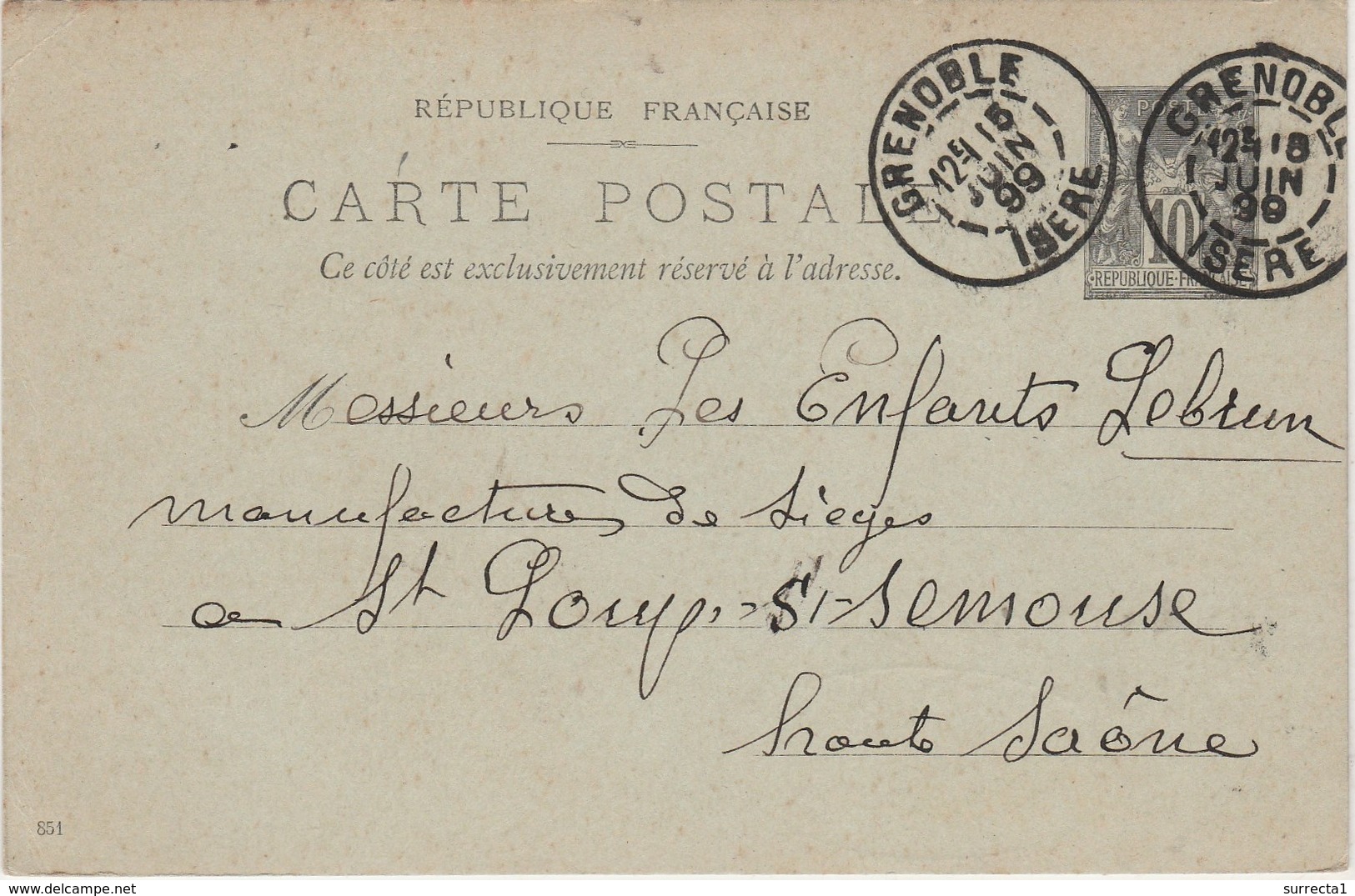 Carte Commerciale 1899 / Entier / J. BUGEY / Fabrique Ebénisterie / 38 Grenoble - Other & Unclassified