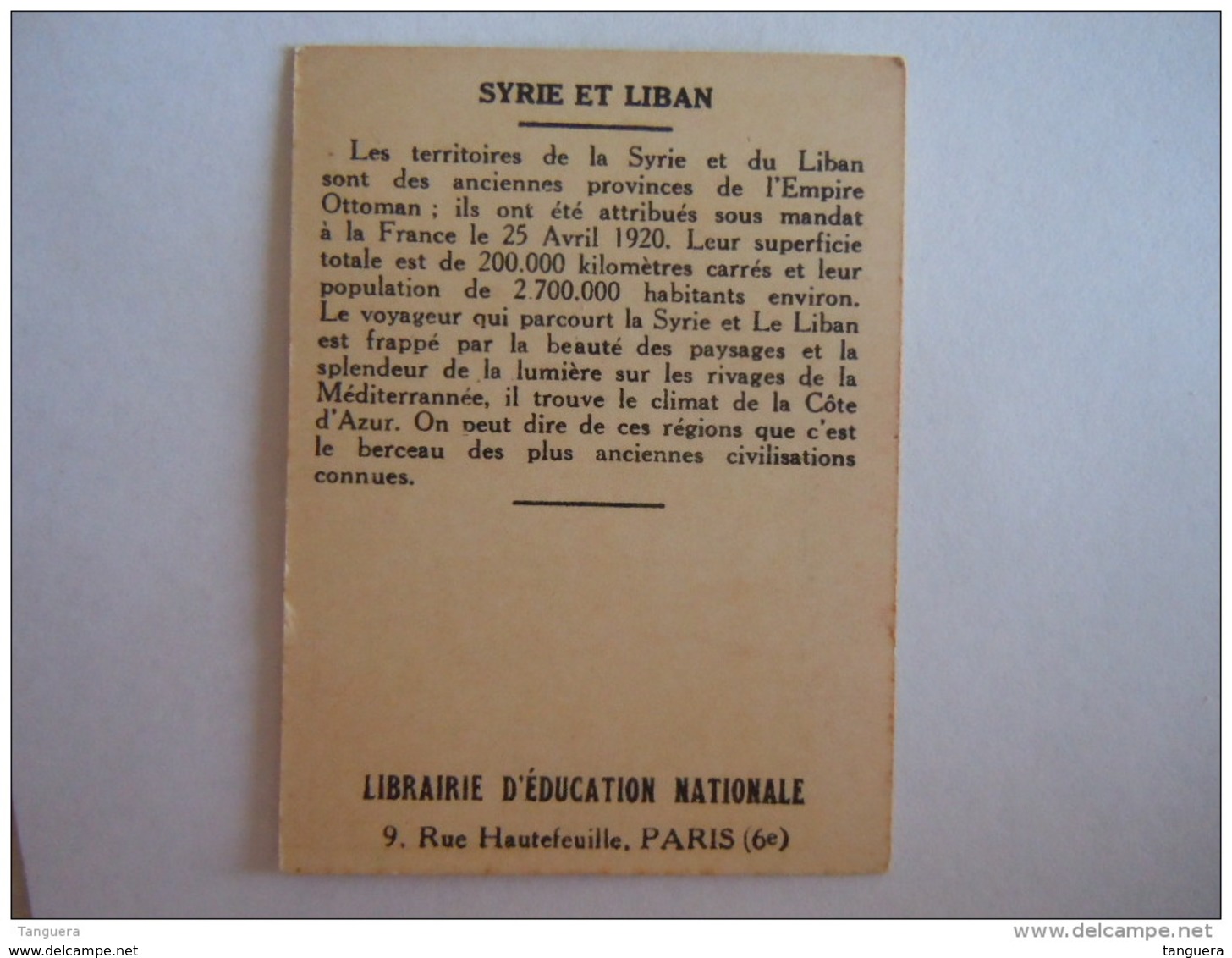 Colonies Françaises Syrie Et Liban Format 7 X 5 Cm  Librairie D'éducation Nationale Paris - Autres & Non Classés