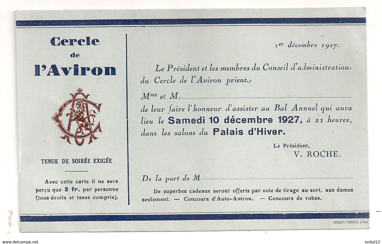 1927 INVITATION DU CERCLE DE L'AVIRON DE PARIS   B514 - Aviron