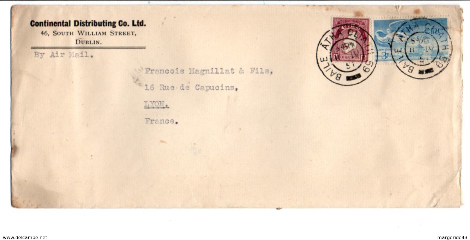 IRLANDE OBLITERATION MANUELLE SUR LETTRE POUR LA FRANCE 1951 - Briefe U. Dokumente