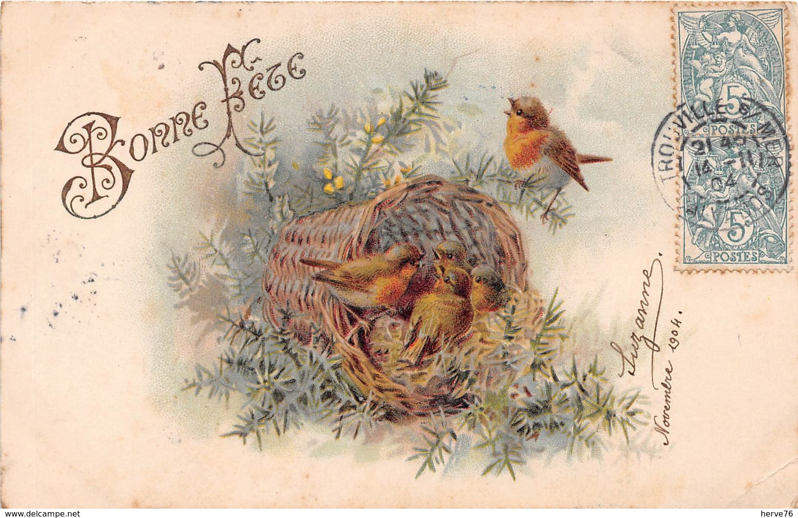 CPA Fantaisie - Illustrateur - Oiseaux - Nid - Rouge-gorge - Bonne Fête - 1900-1949