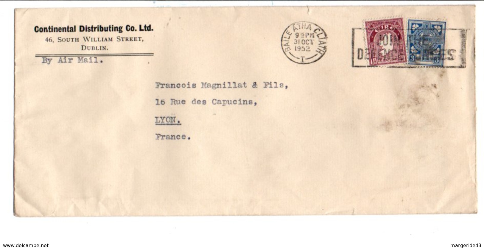 IRLANDE OBLITERATION MECANIQUE SUR LETTRE POUR LA FRANCE 1952 - Cartas & Documentos