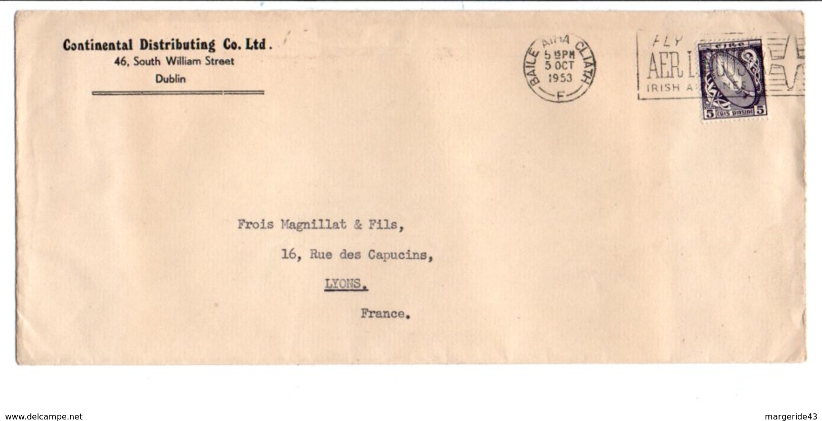 IRLANDE OBLITERATION MECANIQUE SUR LETTRE POUR LA FRANCE 1953 - Storia Postale