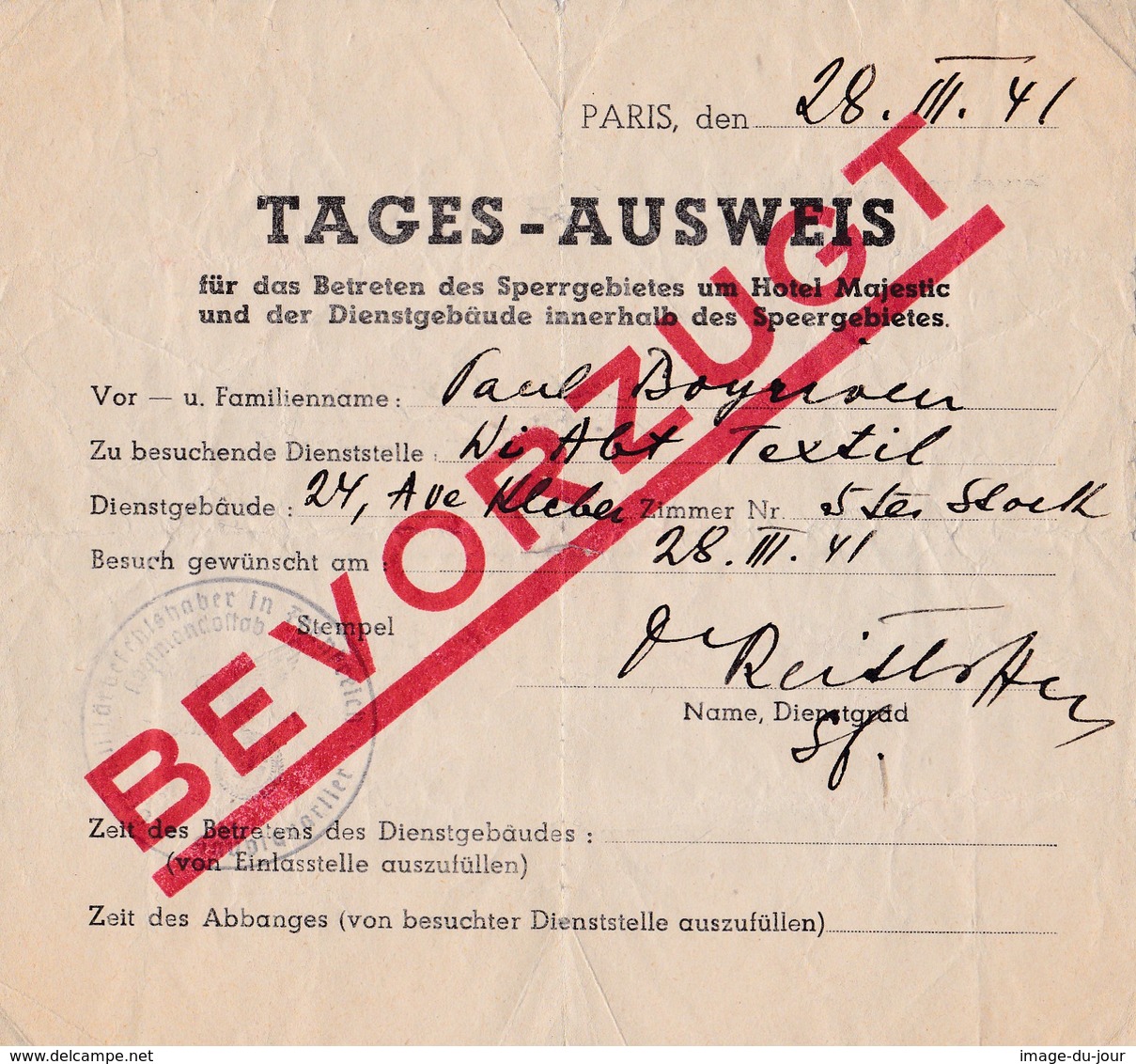 Tages Ausweis 1941 Laissez Passer Guerre 1939 1945 WwII - Historische Dokumente