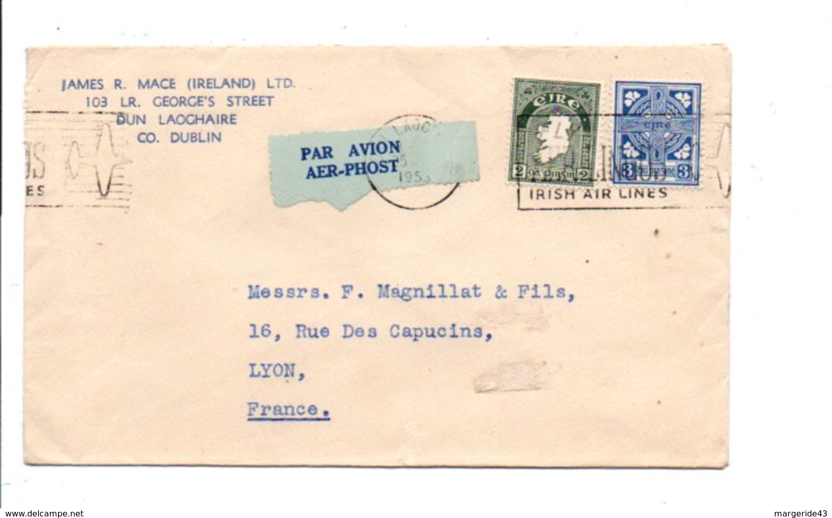 IRLANDE AFFRANCHISSEMENT COMPOSE SUR LETTREAVION POUR LA FRANCE 1953 - Storia Postale