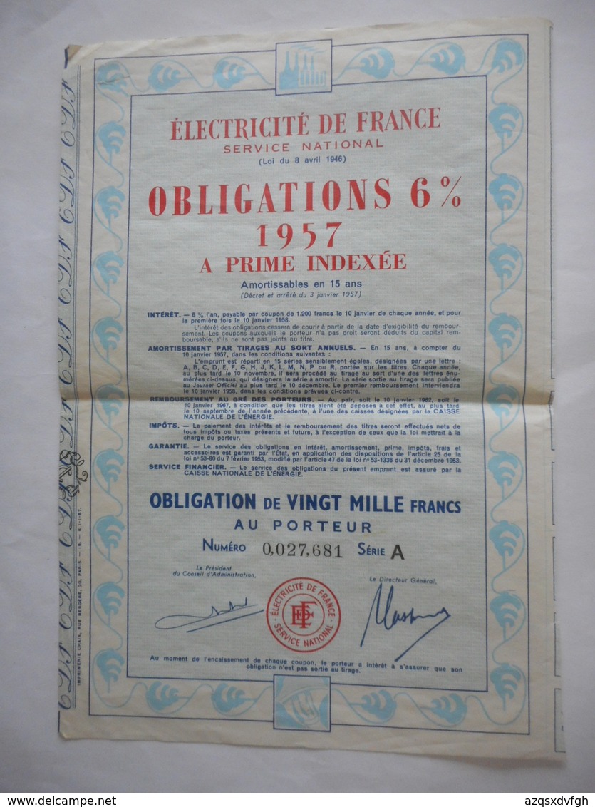 ELECTRICITE De FRANCE 6% 1957 - Autres & Non Classés