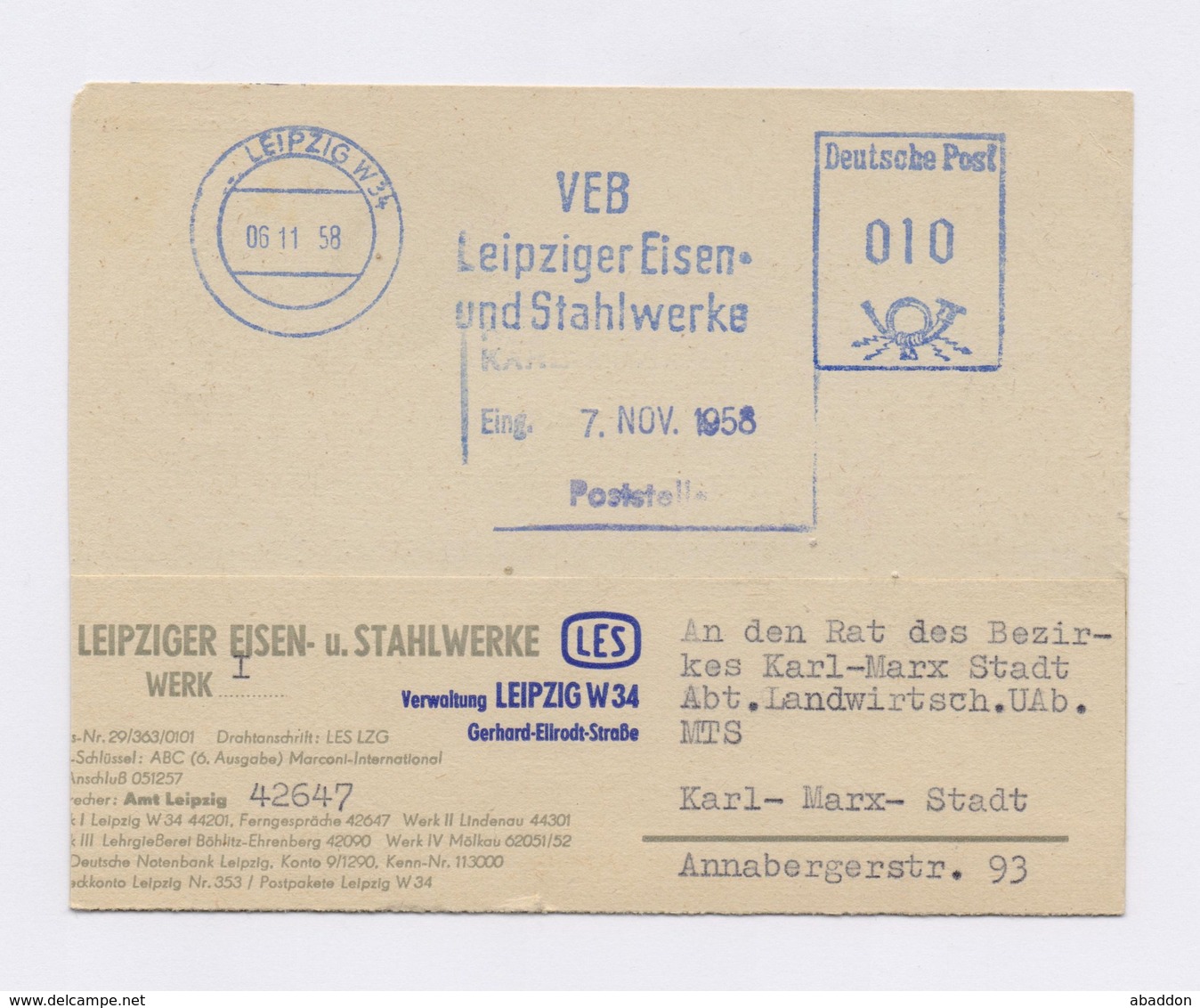 DDR AFS - LEIPZIG, VEB Leipziger Eisen- Und Stahlwerke Auf Firmenkartenfragment 06.11.58 - Maschinenstempel (EMA)