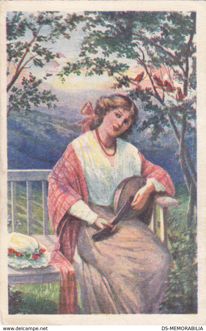 Lady In Garden W Mandoline Music , Birds Postcard 20s - Música Y Músicos