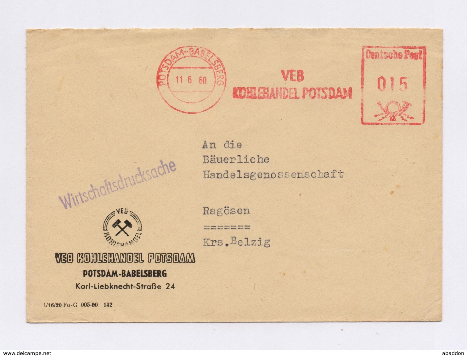DDR AFS - POTSDAM-BABELSBERG, VEB Kohlehandel Potsdam Auf WDS Firmenbrief Von 1960 - Maschinenstempel (EMA)